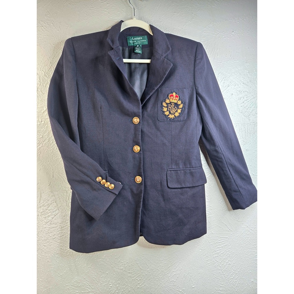 Ralph Lauren Crest Patch Wool Blazer Sz 8P Blue Preppy Ivy League Button Jacket